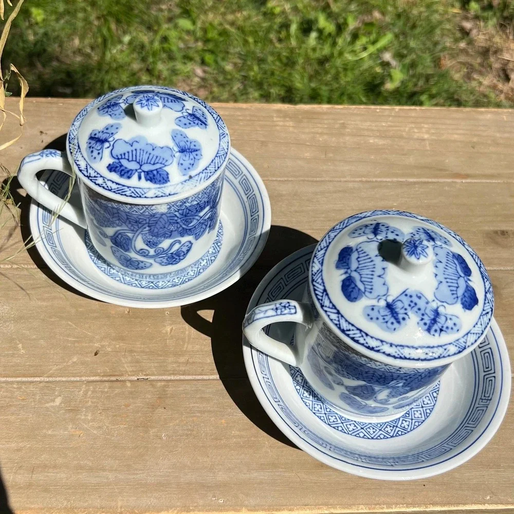 Vintage Oriental Blue & White Cup and Saucers w/ Lids | Set of 2